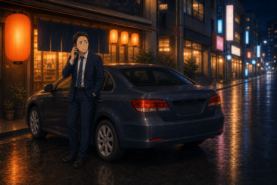 夜の繁華街で代行車を待ち、いつ来るか分からず不安そうに電話するお客様