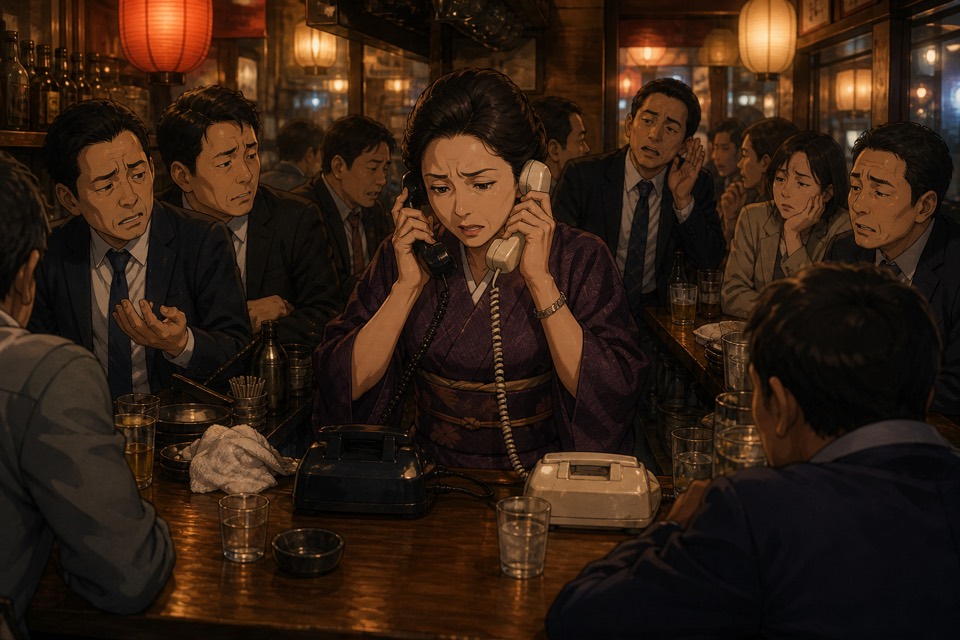 混雑する店内で、代行手配のために複数の電話をかけ続けるスナックのオーナー