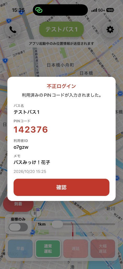 地図上に不正ログインの通知。利用済みのPINコードが入力されたことと、バス名・PINコード・利用者ID・メモが表示されている