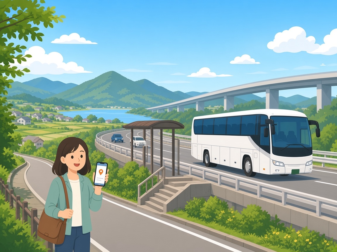 高速道路わきのバス停で、スマートフォンの地図を見ながら近づく高速バスを確認する乗客