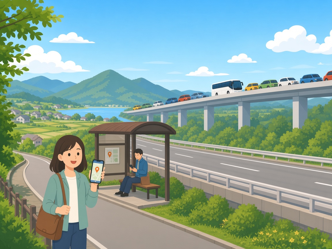 高速道路の渋滞の中にいる高速バスの位置を、バス停でスマートフォンから確認する乗客
