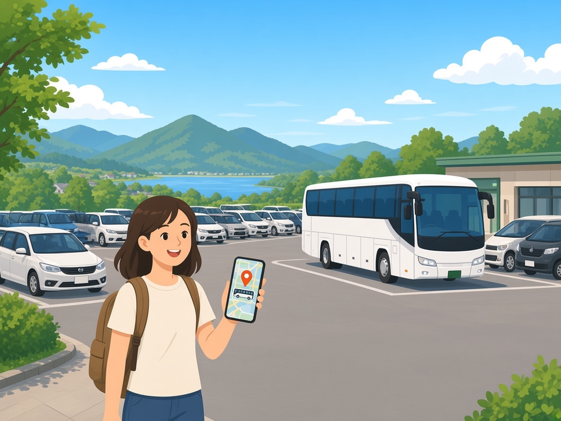 パーキングエリアの駐車場で、スマートフォンの地図を見ながら停車中の高速バスへ向かう乗客